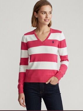 Polo Ralph Lauren Fuchsia Pink White Striped V-Neck Knit Sweater Pony Logo M